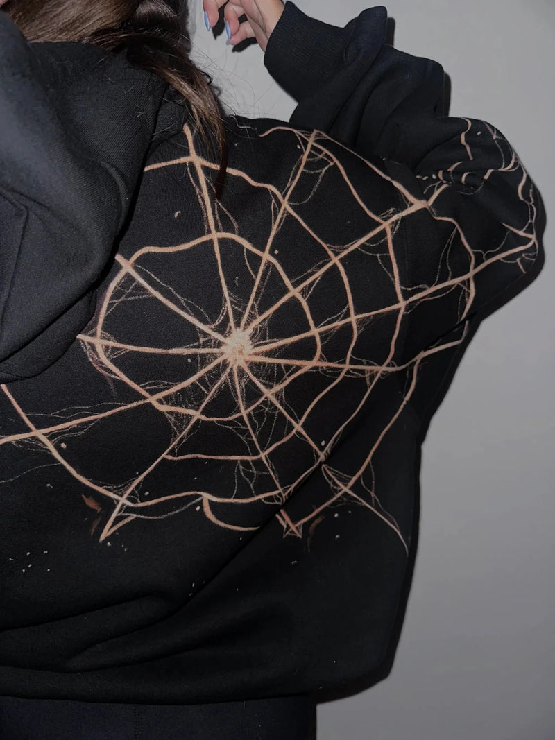 Black hoodie with spider web design, hand-painted in portugal.